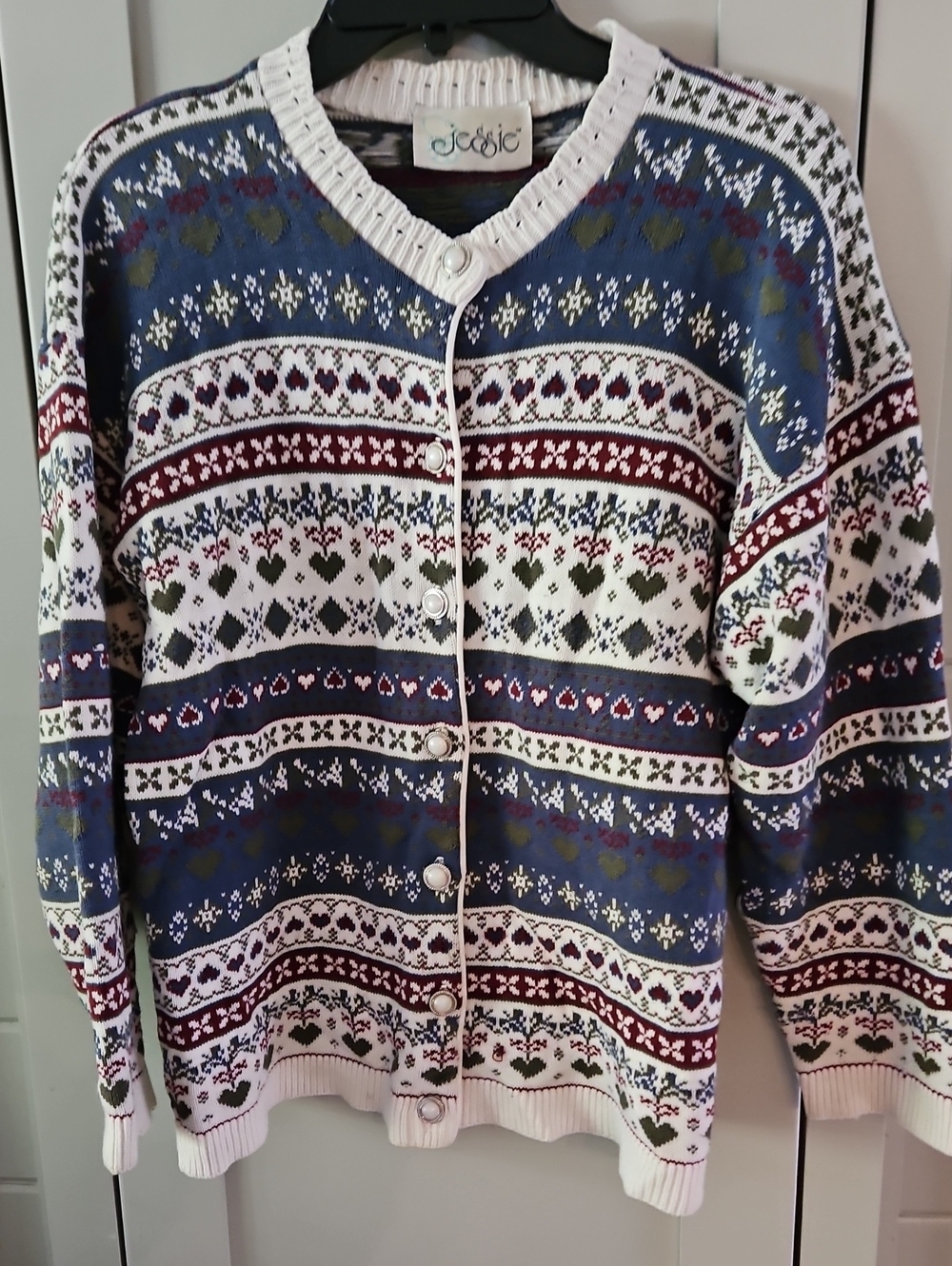 Vintage Blue, White & Burg. Pattern Cardigan Sweater By Canadian Co. JESSIE P22